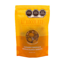 BOLSA DE ALMENDRAS CUBIERTAS DE CHOCOLATE BLANCO CON MARACUYA 100 GR