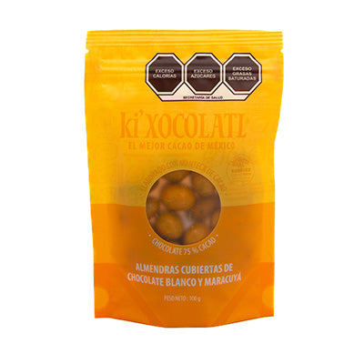 BOLSA DE ALMENDRAS CUBIERTAS DE CHOCOLATE BLANCO CON MARACUYA 100 GR